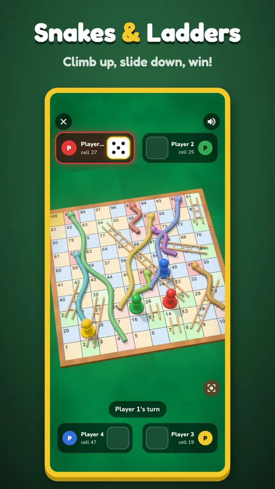 Snakes and Ladders board in 3D with snakes and ladders across the squares.