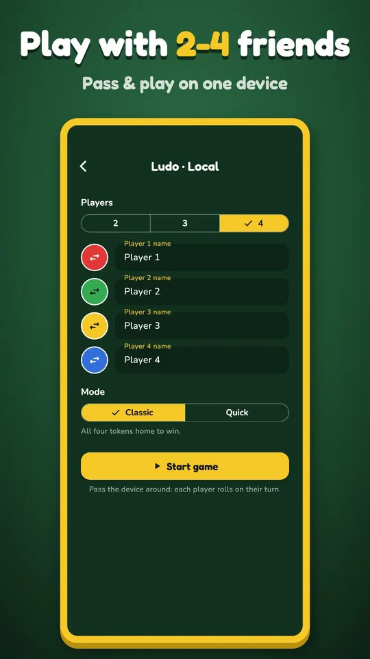 Game setup screen for choosing players and names.